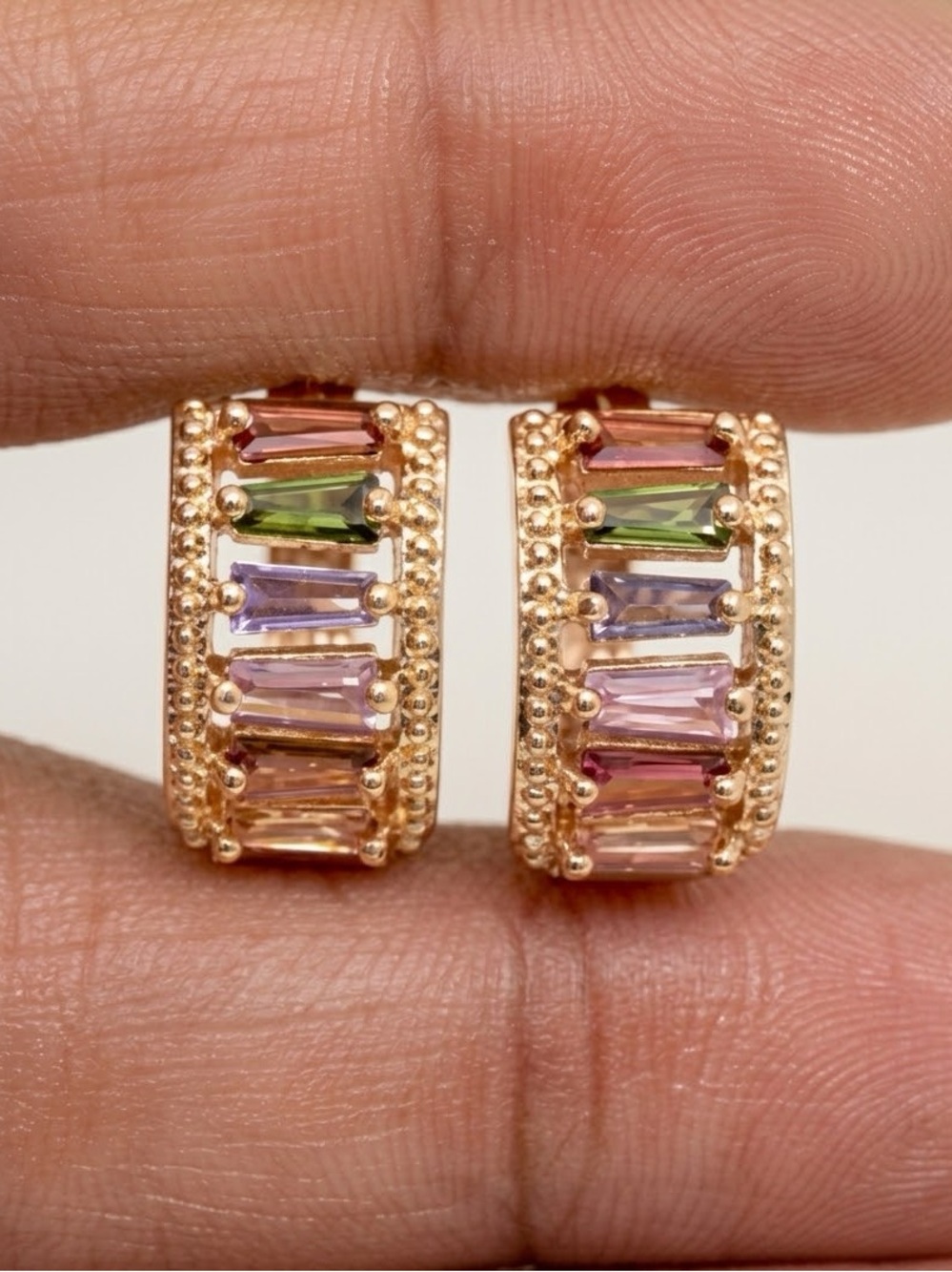 Gold plated CZ Multicolor Baguette Hoop Earrings - Women Jewelry